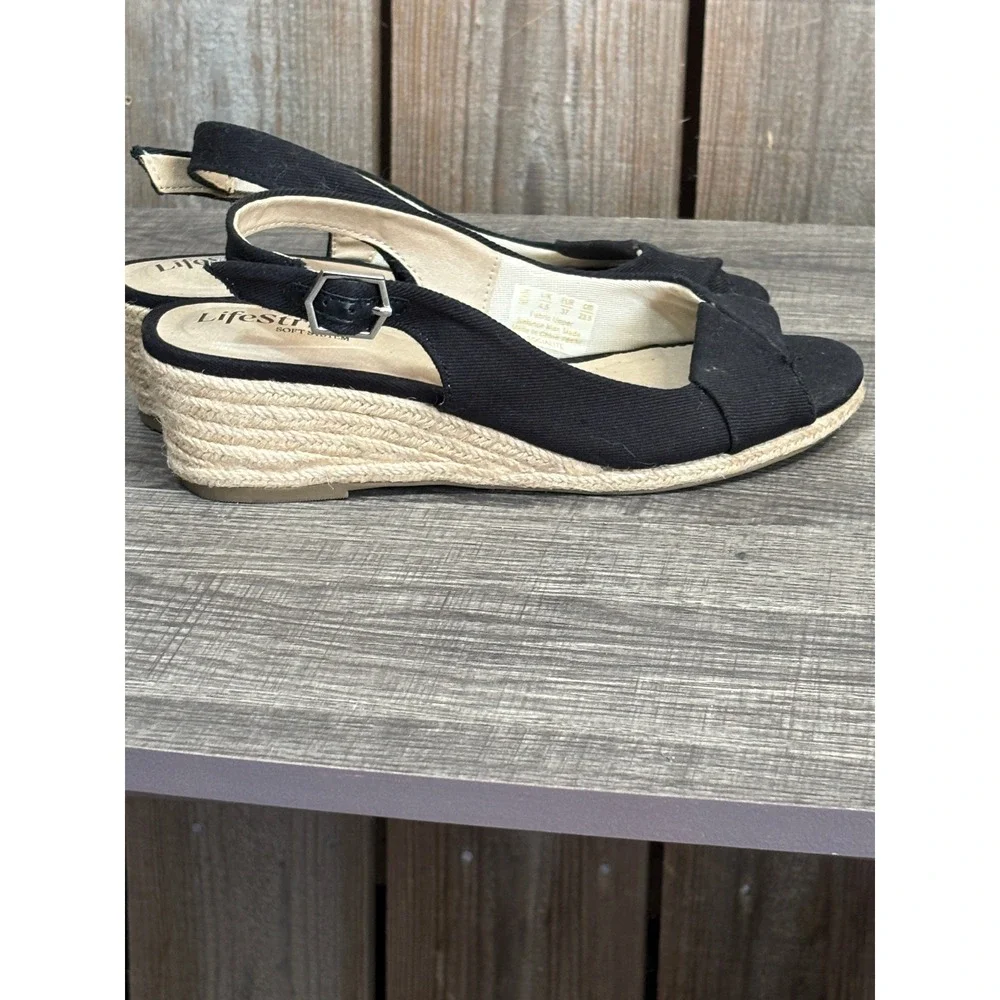 LifeStride Socialite Womens Black Espadrille Wedge Sandals Peep Toe Slingback 7M